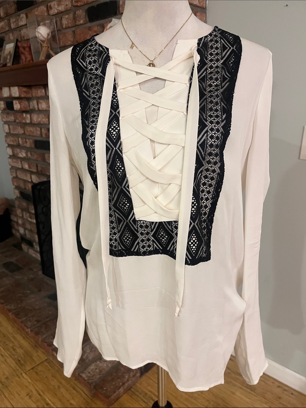 Kobi Halperin PTP 19 Ivory Lace-Up Blouse with Black Embroidered Trim
